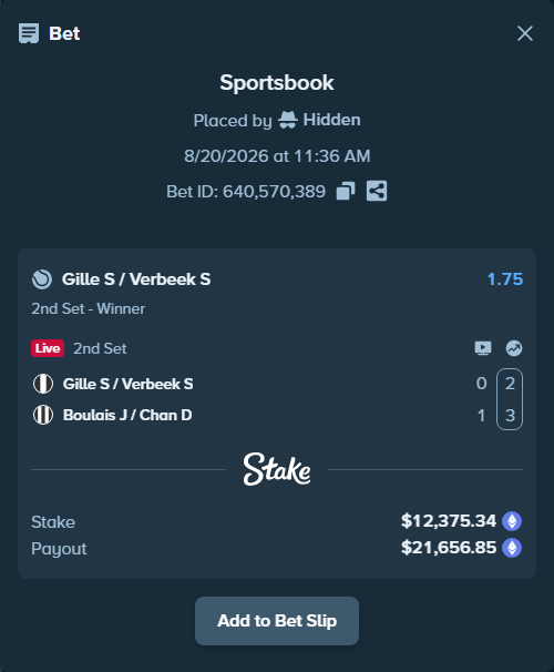 Bet slip: Gille S / Verbeek S - Boulais J / Chan D, $12,159.04 stake at 1.75 odds, placed by Hidden