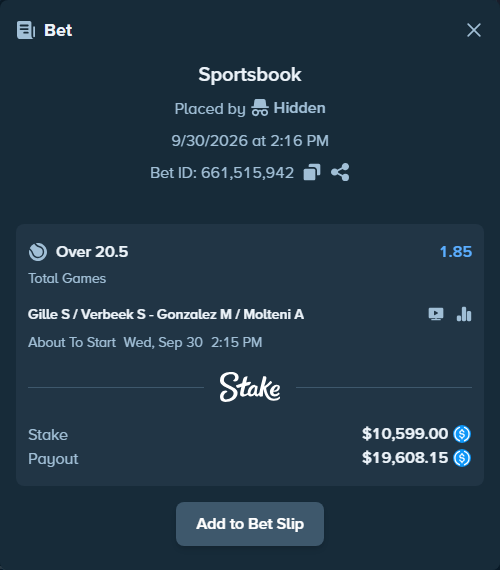 Bet slip: Gille S / Verbeek S - Gonzalez M / Molteni A, $10,599.00 stake at 1.85 odds, placed by Hidden