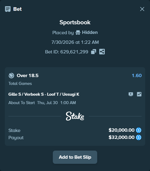 Bet slip: Gille S / Verbeek S - Loof T / Uesugi K, $20,000.00 stake at 1.60 odds, placed by Hidden