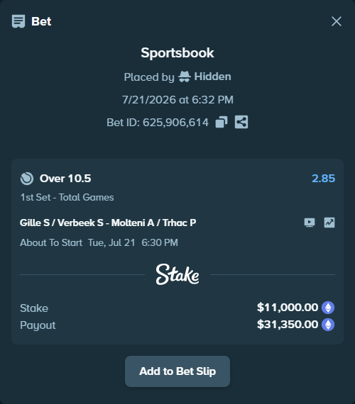 Bet slip: Gille S / Verbeek S - Molteni A / Trhac P, $10,781.79 stake at 2.85 odds, placed by Hidden