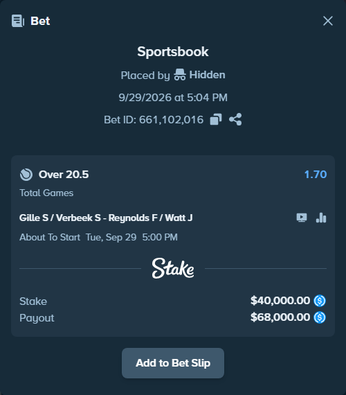 Bet slip: Gille S / Verbeek S - Reynolds F / Watt J, $40,000.00 stake at 1.70 odds, placed by Hidden