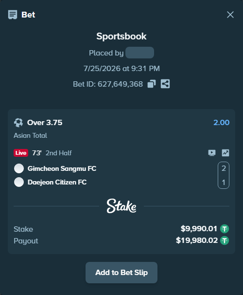Bet slip: Gimcheon Sangmu FC - Daejeon Citizen FC, $10,000.00 stake at 2.00 odds, placed by dcr3098