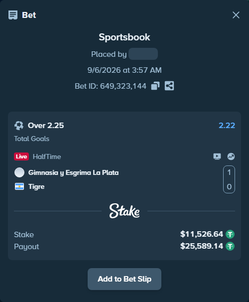 Bet slip: Gimnasia La Plata - Tigre, $11,525.49 stake at 2.22 odds, placed by lvlv2003