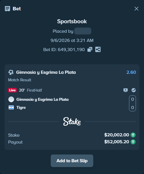 Bet slip: Gimnasia La Plata - Tigre, $20,000.00 stake at 2.60 odds, placed by ayoflasher