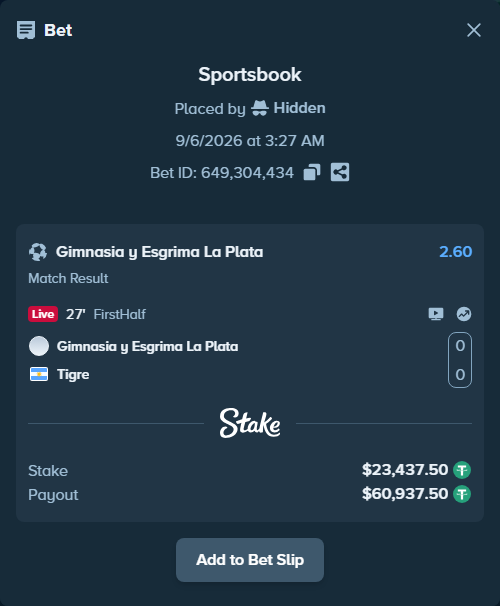 Bet slip: Gimnasia La Plata - Tigre, $23,435.16 stake at 2.60 odds, placed by Hidden