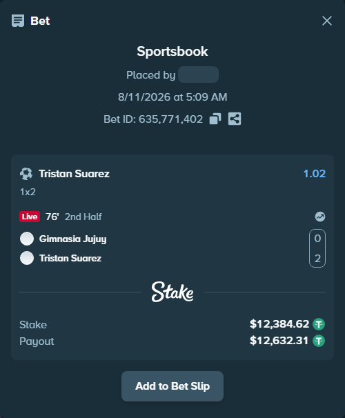 Bet slip: Gimnasia y Esgrima de Jujuy - CSD Tristan Suarez, $12,397.00 stake at 1.02 odds, placed by antoniku
