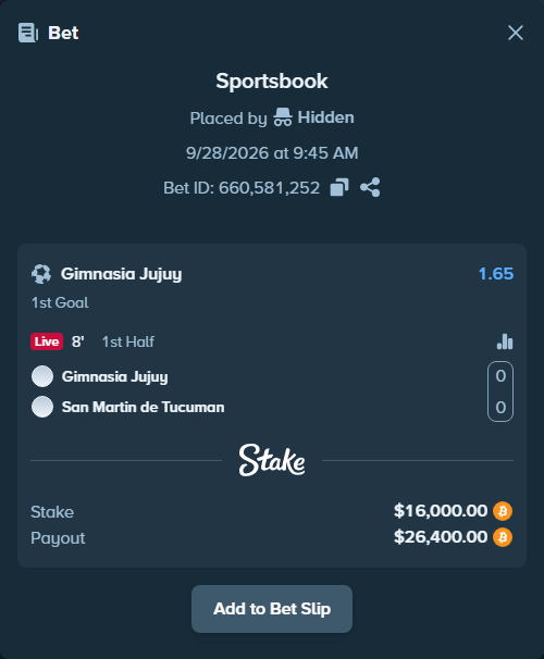 Bet slip: Gimnasia y Esgrima de Jujuy - San Martin de Tucuman, $15,866.74 stake at 1.65 odds, placed by Hidden