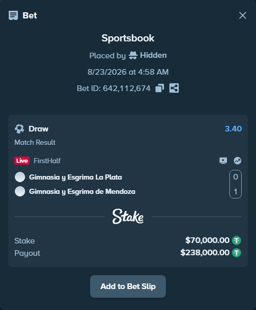 Bet slip: Gimnasia y Esgrima La Plata - Gimnasia y Esgrima de Mendoza, $70,000.00 stake at 3.40 odds, placed by Hidden