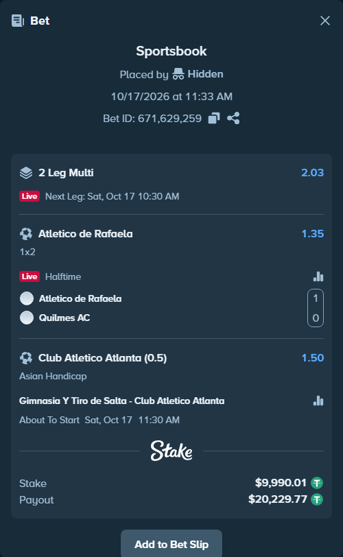 Bet slip: Gimnasia Y Tiro de Salta - CA Atlanta, $10,000.00 stake at 1.50 odds, placed by Reyes32