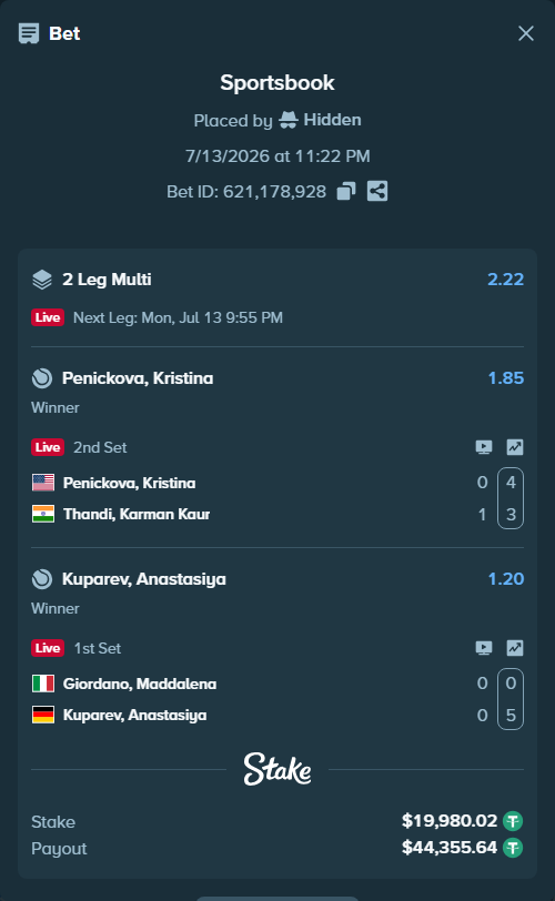 Bet slip: Giordano, Maddalena - Kuparev, Anastasiya, $20,000.00 stake at 1.20 odds, placed by Hidden