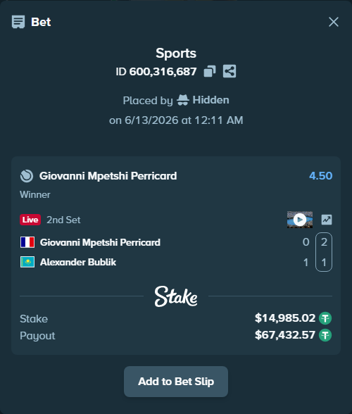 Bet slip: Giovanni Mpetshi Perricard - Alexander Bublik, $15,000.00 stake at 4.50 odds, placed by Hidden