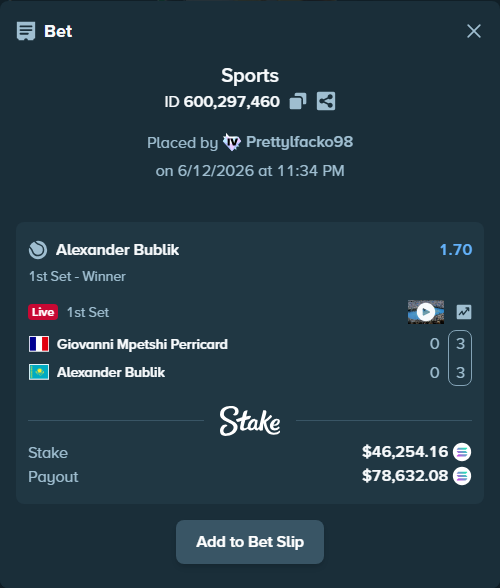 Bet slip: Giovanni Mpetshi Perricard - Alexander Bublik, $51,034.64 stake at 1.70 odds, placed by Prettylfacko98