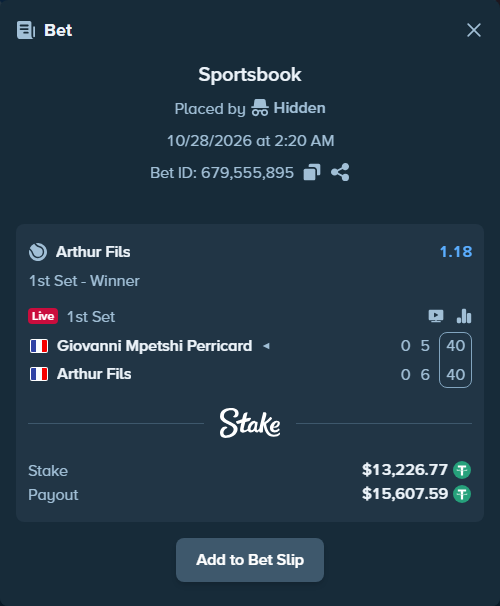 Bet slip: Giovanni Mpetshi Perricard - Arthur Fils, $13,240.00 stake at 1.18 odds, placed by Hidden