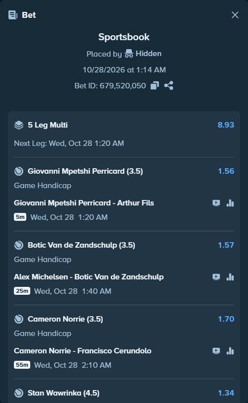 Bet slip: Giovanni Mpetshi Perricard - Arthur Fils, $13,243.23 stake at 1.56 odds, placed by Hidden