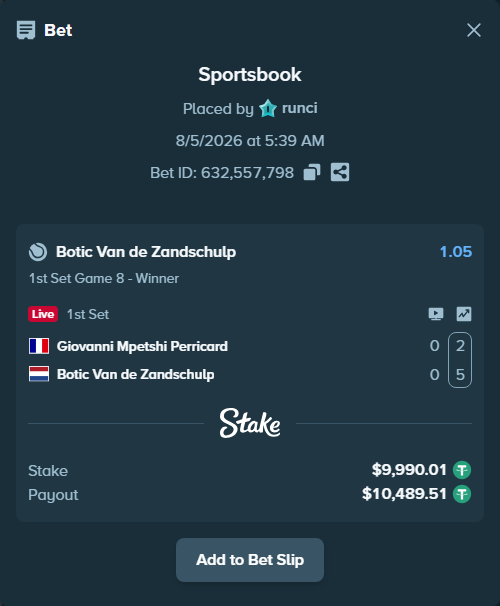 Bet slip: Giovanni Mpetshi Perricard - Botic Van de Zandschulp, $10,000.00 stake at 1.05 odds, placed by runci