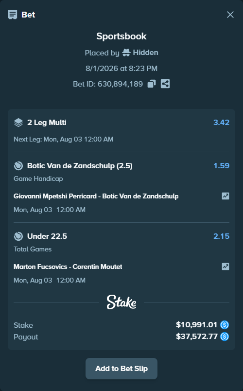Bet slip: Giovanni Mpetshi Perricard - Botic Van de Zandschulp, $10,991.01 stake at 1.59 odds, placed by Hidden
