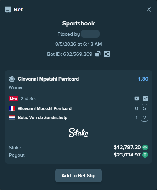 Bet slip: Giovanni Mpetshi Perricard - Botic Van de Zandschulp, $12,810.00 stake at 1.80 odds, placed by antoniku