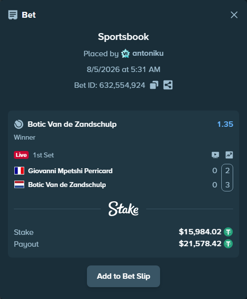 Bet slip: Giovanni Mpetshi Perricard - Botic Van de Zandschulp, $16,000.00 stake at 1.35 odds, placed by antoniku