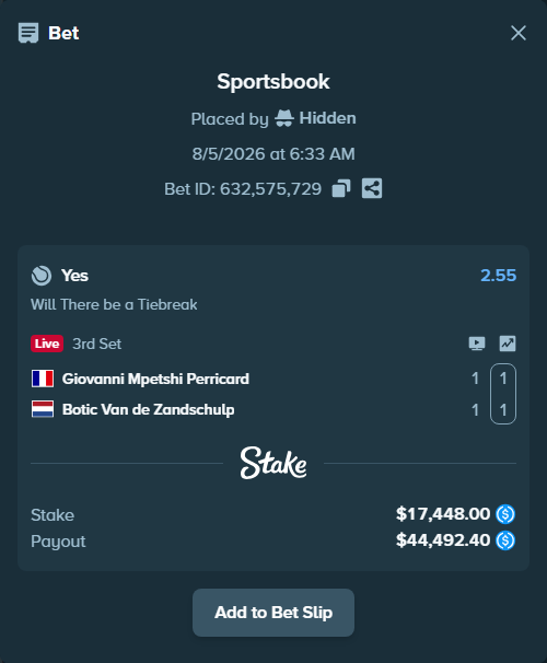 Bet slip: Giovanni Mpetshi Perricard - Botic Van de Zandschulp, $17,448.00 stake at 2.55 odds, placed by Hidden