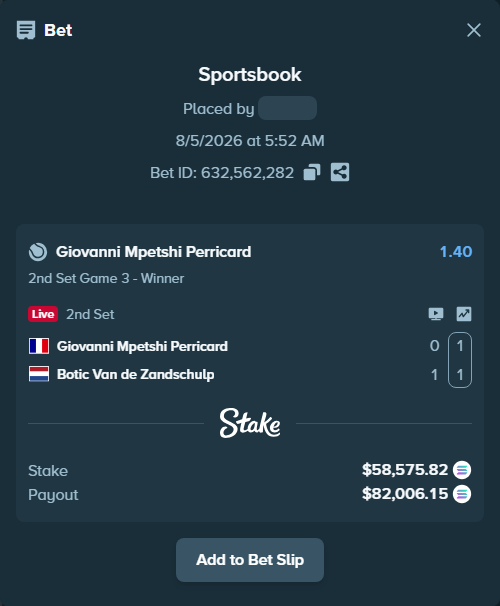 Bet slip: Giovanni Mpetshi Perricard - Botic Van de Zandschulp, $57,422.96 stake at 1.40 odds, placed by Prettylfacko98