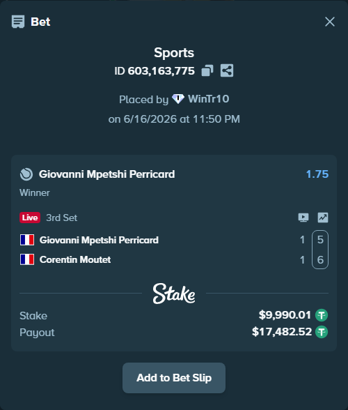 Bet slip: Giovanni Mpetshi Perricard - Corentin Moutet, $10,000.00 stake at 1.75 odds, placed by WinTr10