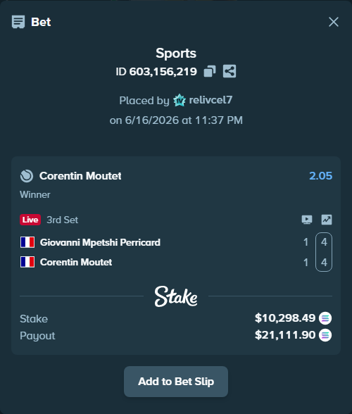 Bet slip: Giovanni Mpetshi Perricard - Corentin Moutet, $10,115.98 stake at 2.05 odds, placed by relivcel7