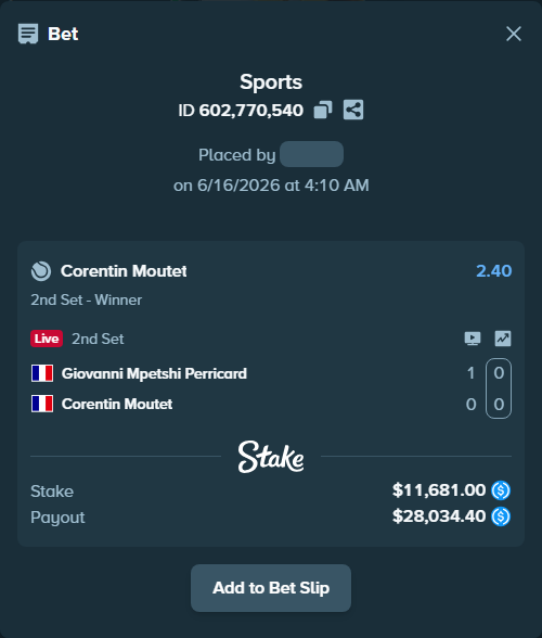 Bet slip: Giovanni Mpetshi Perricard - Corentin Moutet, $11,681.00 stake at 2.40 odds, placed by SBoSS97