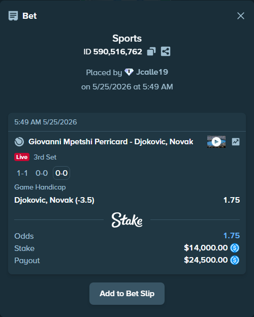 Bet slip: Giovanni Mpetshi Perricard - Djokovic, Novak, $14,000.00 stake at 1.75 odds, placed by Jcalle19