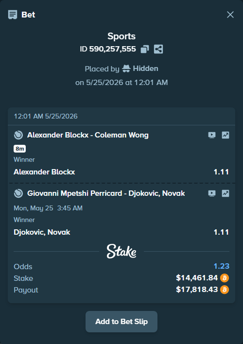 Bet slip: Giovanni Mpetshi Perricard - Djokovic, Novak, $12,168.72 stake at 1.11 odds, placed by Hidden