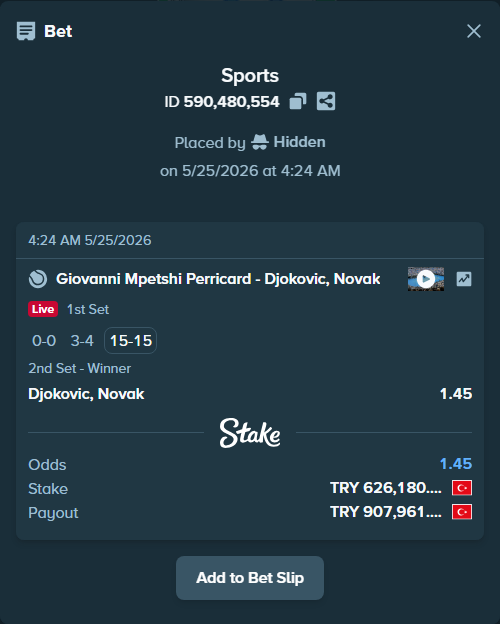 Bet slip: Giovanni Mpetshi Perricard - Djokovic, Novak, $18,785.41 stake at 1.45 odds, placed by Hidden
