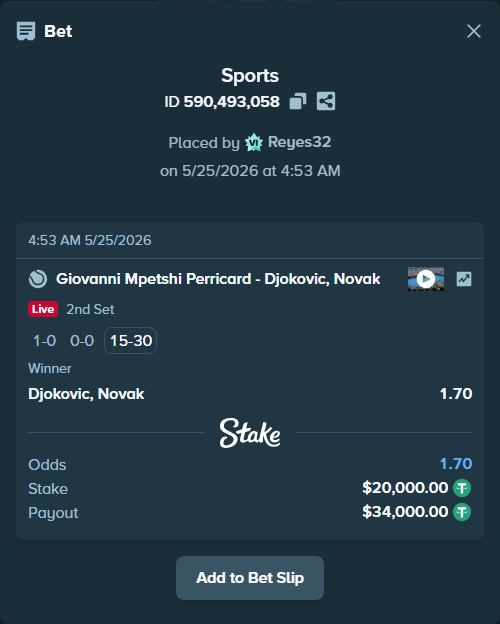 Bet slip: Giovanni Mpetshi Perricard - Djokovic, Novak, $20,000.00 stake at 1.70 odds, placed by Reyes32