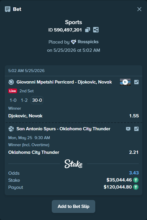 Bet slip: Giovanni Mpetshi Perricard - Djokovic, Novak, $35,044.46 stake at 1.55 odds, placed by Rosspicks