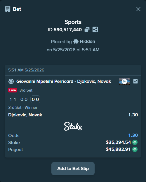 Bet slip: Giovanni Mpetshi Perricard - Djokovic, Novak, $35,294.54 stake at 1.30 odds, placed by Hidden