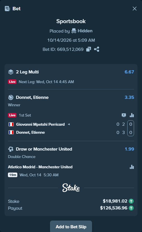 Bet slip: Giovanni Mpetshi Perricard - Donnet, Etienne, $19,000.00 stake at 3.35 odds, placed by Hidden