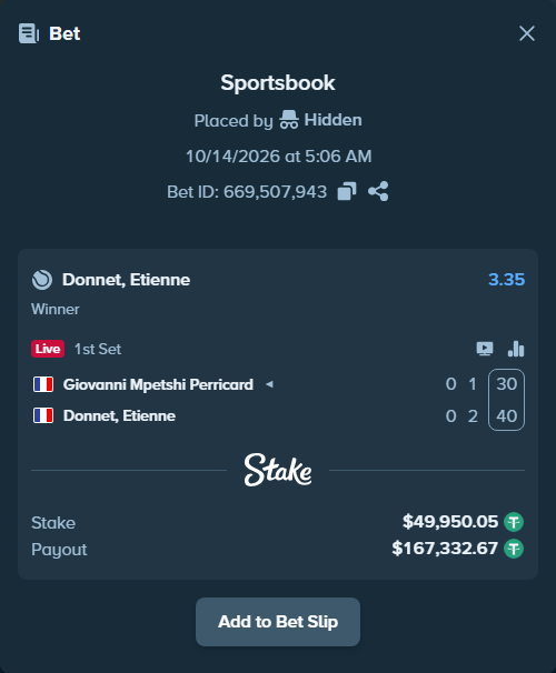 Bet slip: Giovanni Mpetshi Perricard - Donnet, Etienne, $50,000.00 stake at 3.35 odds, placed by Hidden