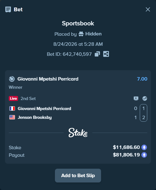 Bet slip: Giovanni Mpetshi Perricard - Jenson Brooksby, $11,831.70 stake at 7.00 odds, placed by Hidden