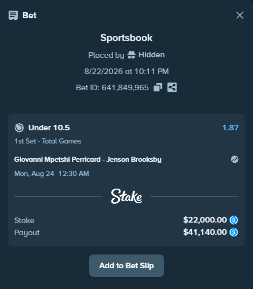 Bet slip: Giovanni Mpetshi Perricard - Jenson Brooksby, $22,000.00 stake at 1.87 odds, placed by Hidden