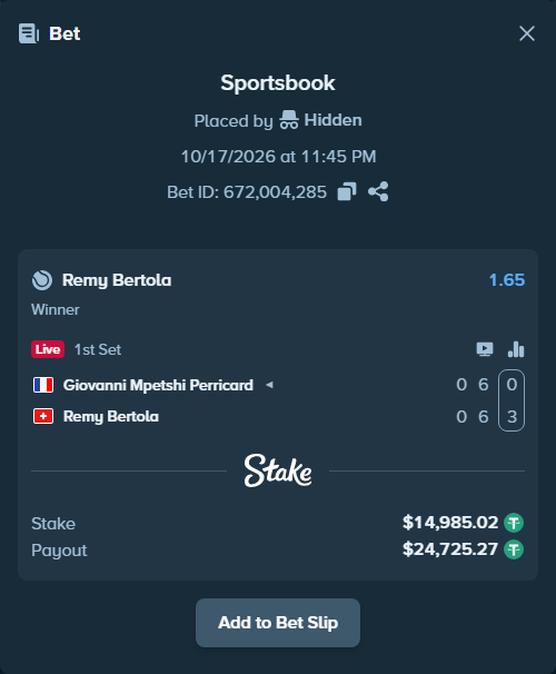 Bet slip: Giovanni Mpetshi Perricard - Remy Bertola, $15,000.00 stake at 1.65 odds, placed by Hidden