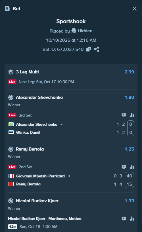 Bet slip: Giovanni Mpetshi Perricard - Remy Bertola, $16,969.00 stake at 1.25 odds, placed by Hidden