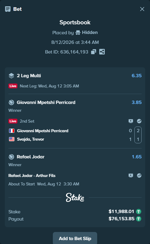 Bet slip: Giovanni Mpetshi Perricard - Svajda, Trevor, $12,000.00 stake at 3.85 odds, placed by Hidden