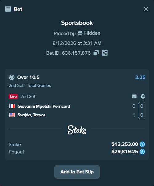 Bet slip: Giovanni Mpetshi Perricard - Svajda, Trevor, $13,253.00 stake at 2.25 odds, placed by Hidden