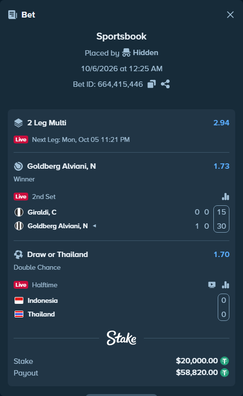 Bet slip: Giraldi, C - Goldberg Alviani, N, $20,000.00 stake at 1.73 odds, placed by Hidden