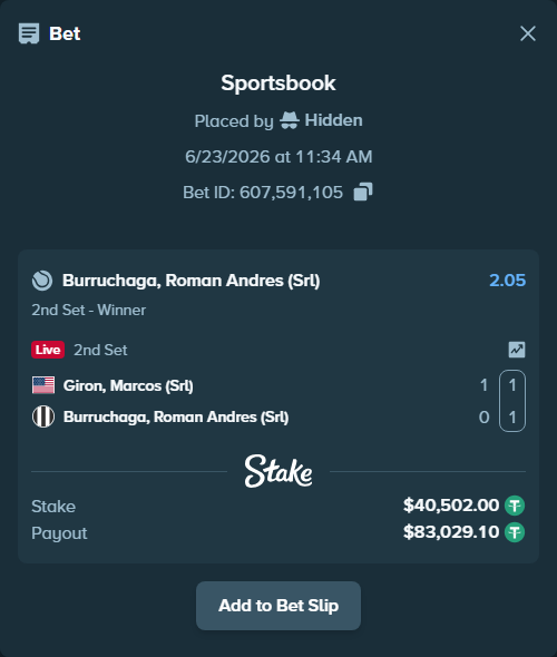 Bet slip: Giron, Marcos (Srl) - Burruchaga, Roman Andres (Srl), $40,542.50 stake at 2.05 odds, placed by Hidden