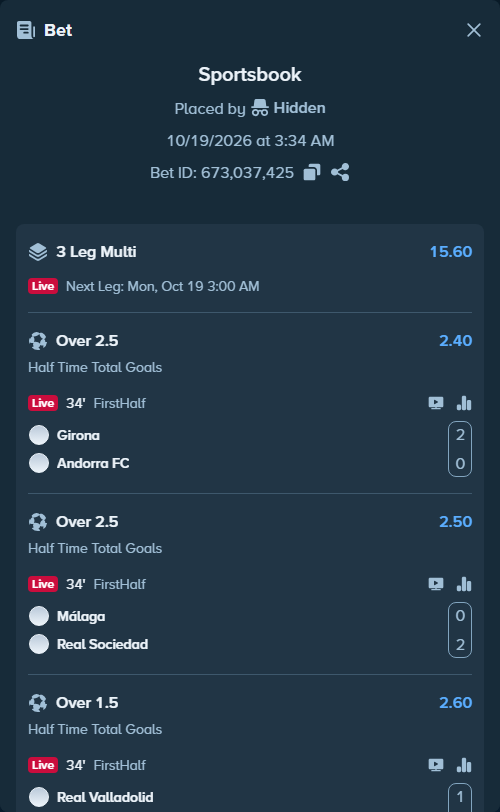 Bet slip: Girona - Andorra, $20,000.00 stake at 2.40 odds, placed by Hidden