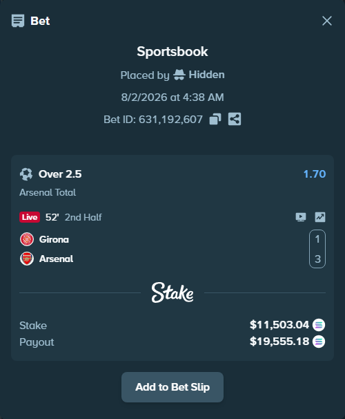 Bet slip: Girona - Arsenal, $11,794.92 stake at 1.70 odds, placed by Hidden