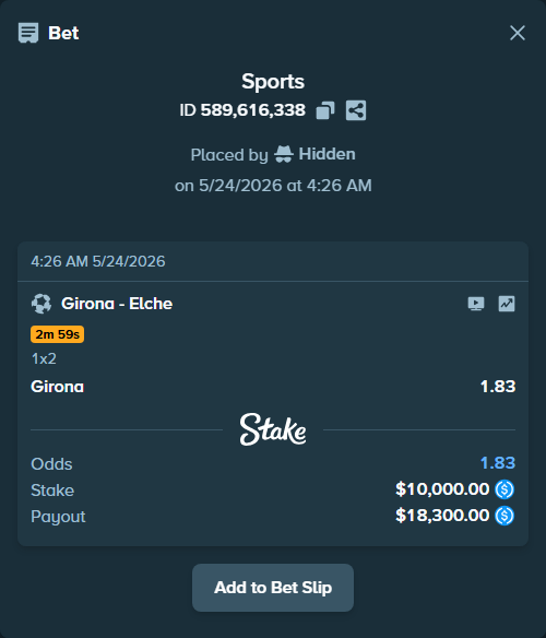 Bet slip: Girona - Elche, $10,000.00 stake at 1.83 odds, placed by Hidden