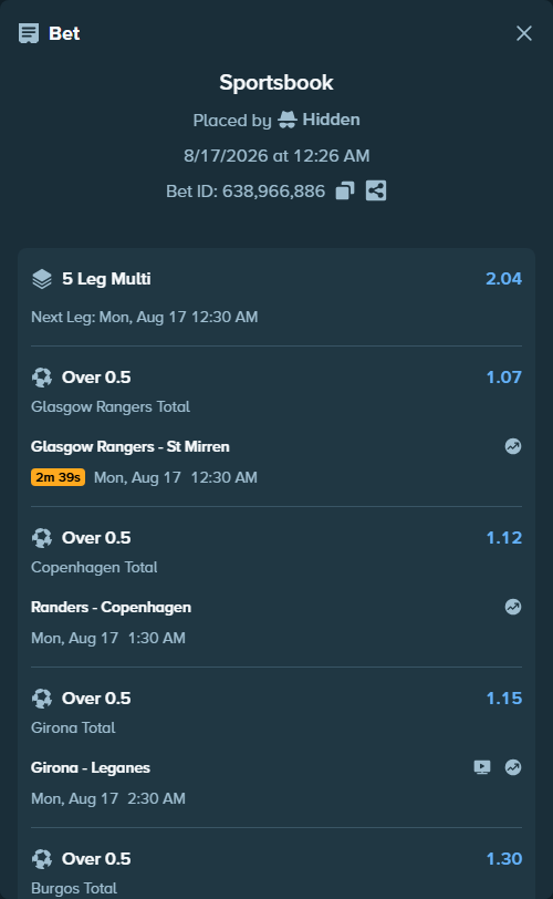 Bet slip: Girona - Leganes, $10,419.29 stake at 1.15 odds, placed by Hidden