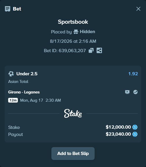 Bet slip: Girona - Leganes, $12,000.00 stake at 1.92 odds, placed by Hidden