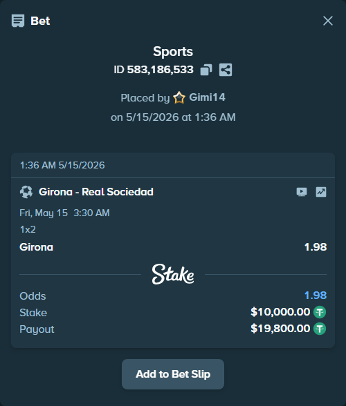 Bet slip: Girona - Real Sociedad San Sebastian, $10,000.00 stake at 1.98 odds, placed by Gimi14