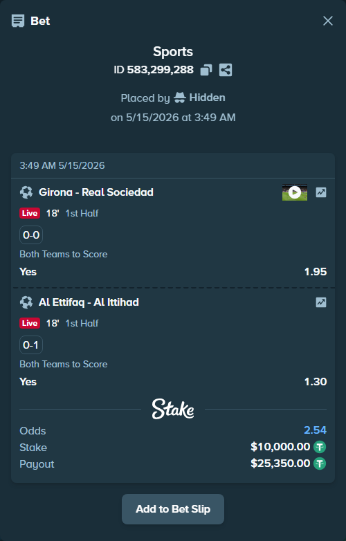 Bet slip: Girona - Real Sociedad San Sebastian, $10,000.00 stake at 1.95 odds, placed by Hidden